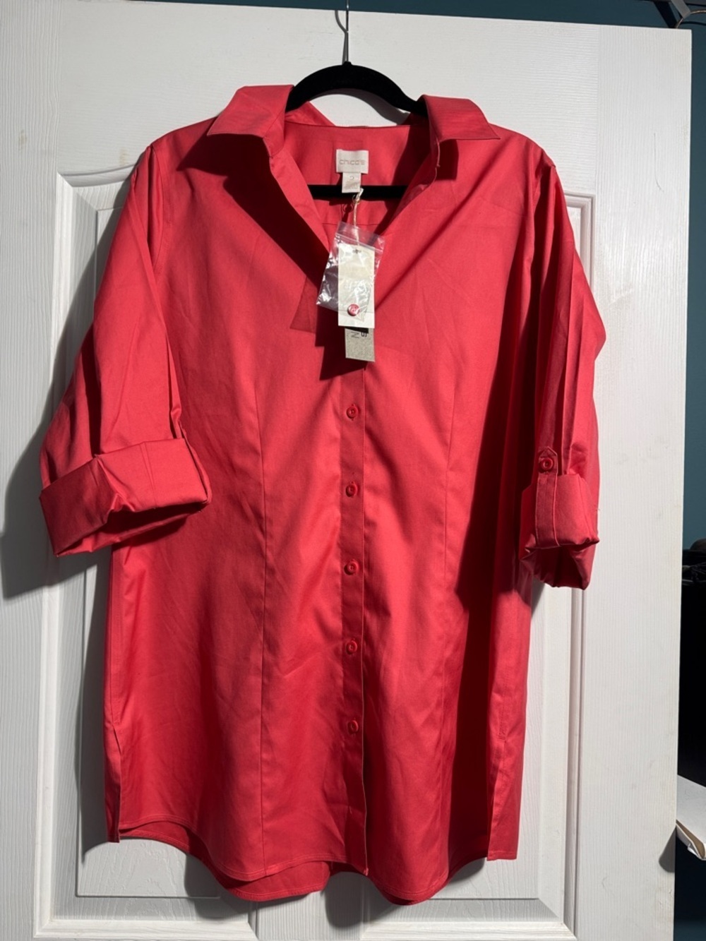 Chico’s Effortless Cotton Shirt NWT Size 2 Party Punch Button Up Casual Workwear